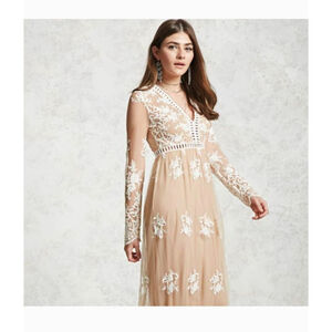 Forever 21 Beige Maxi Dress with White Lace Embroidery